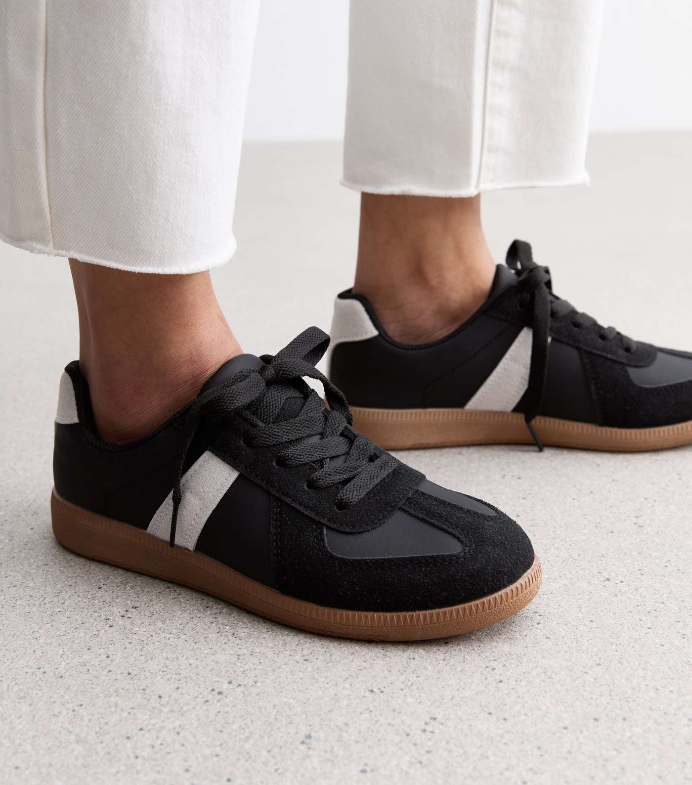 Truffle Black Leather-Look Gum Sole Trainers Image 2