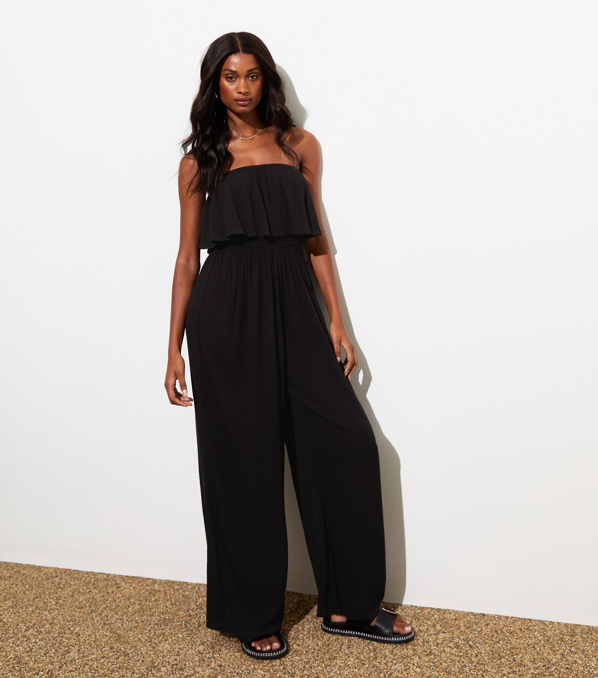 Women's Black Bandeau-Neck Ruffle-Trim Beach Jumpsuit New Look