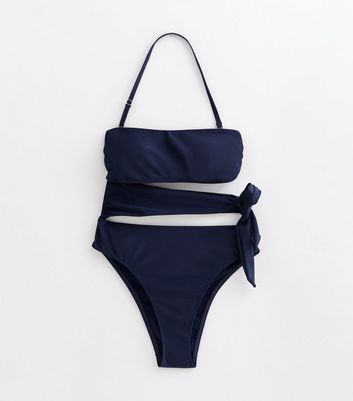 Navy Bandeau Cutout Side-Tie Swimsuit New Look