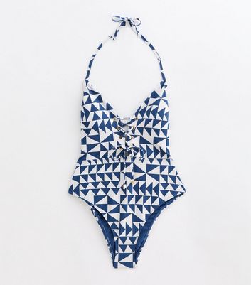 Blue Geometric-Print Lace-Front Swimsuit New Look