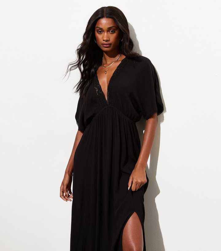 Black V-Neck Lace-Insert Short-Sleeved Midi Dress | New Look