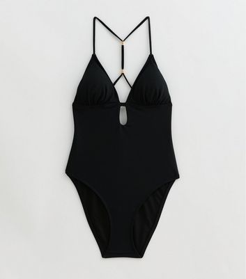 Black Textured Bead-Trim Swimsuit New Look