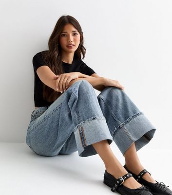 Blue Relaxed Turn Up Wide Leg Jeans New Look