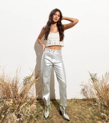 White Metallic Straight-leg Jeans New Look