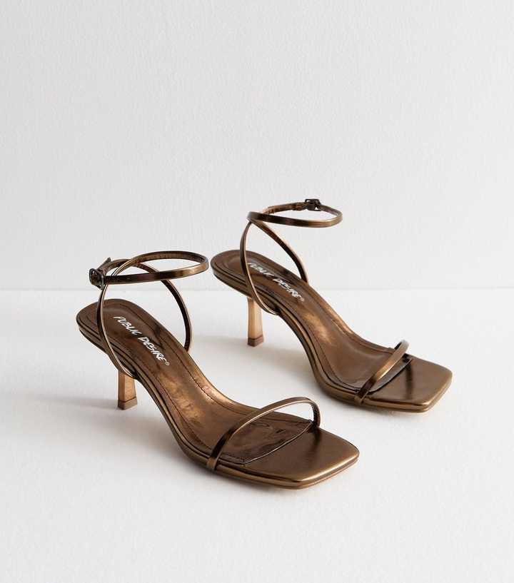 Public Desire Natalya Gold Square Toe Kitten Heel Sandals