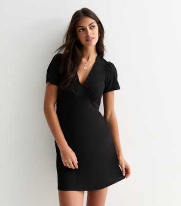 Black Textured Jersey V Neck Mini Dress