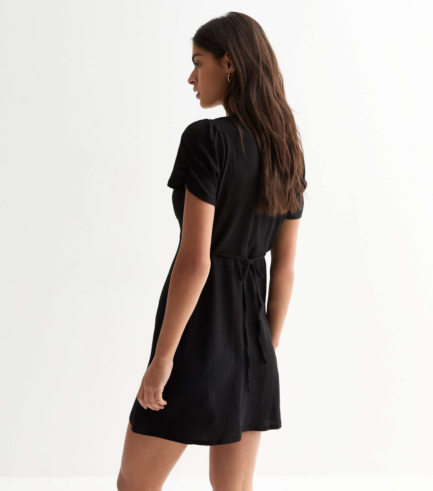 Black Textured Jersey V Neck Mini Dress Image 4