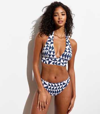 Blue Triangle Print Halter Neck Moulded Bikini Top