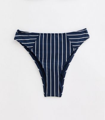 Blue Textured Striped High-Waist Bikini Bottoms New Look