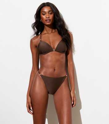 Brown Bead-Trim Tanga Bikini Bottoms