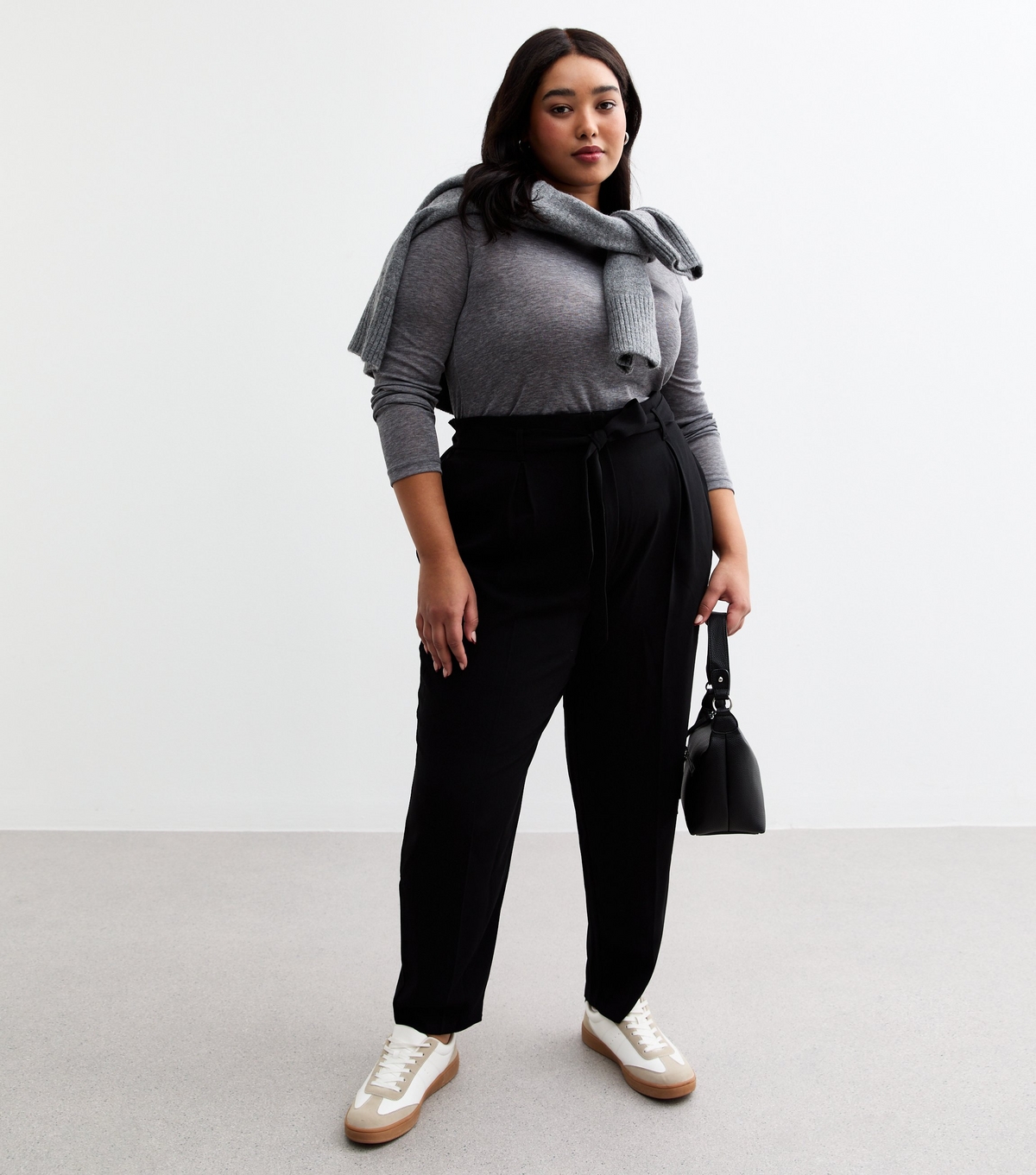 Women's Plus Size Black Tie Front Tapered Trousers Curves New Look