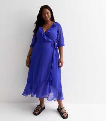 Curves Bright Blue Chiffon Frill Hem Wrap Midi Dress