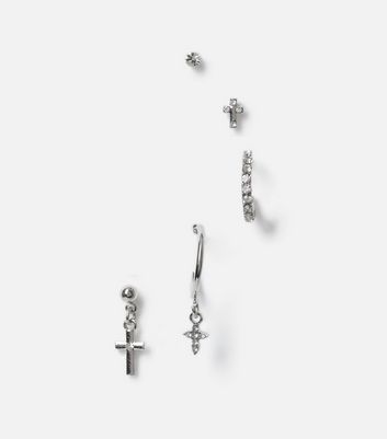 Freedom 5 Pack Silver Diamante Cross Ear Party New Look
