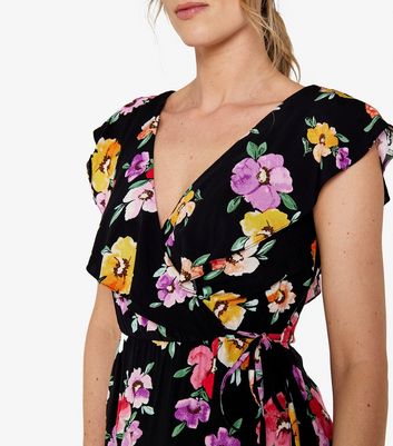 Apricot Black Floral Ruffle Wrap Front Midi Dress New Look