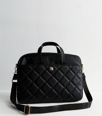 Black Quilted Leather Look Laptop Bag New Look