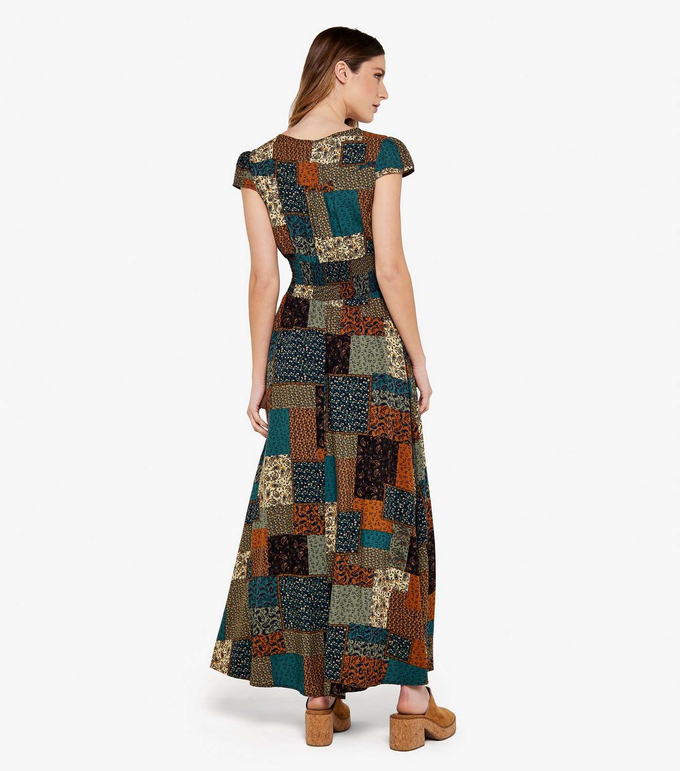 Apricot Brown Patchwork Print Shirred Waist Maxi Dress Image 3