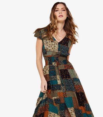 Apricot Brown Patchwork Print Shirred Waist Maxi Dress New Look