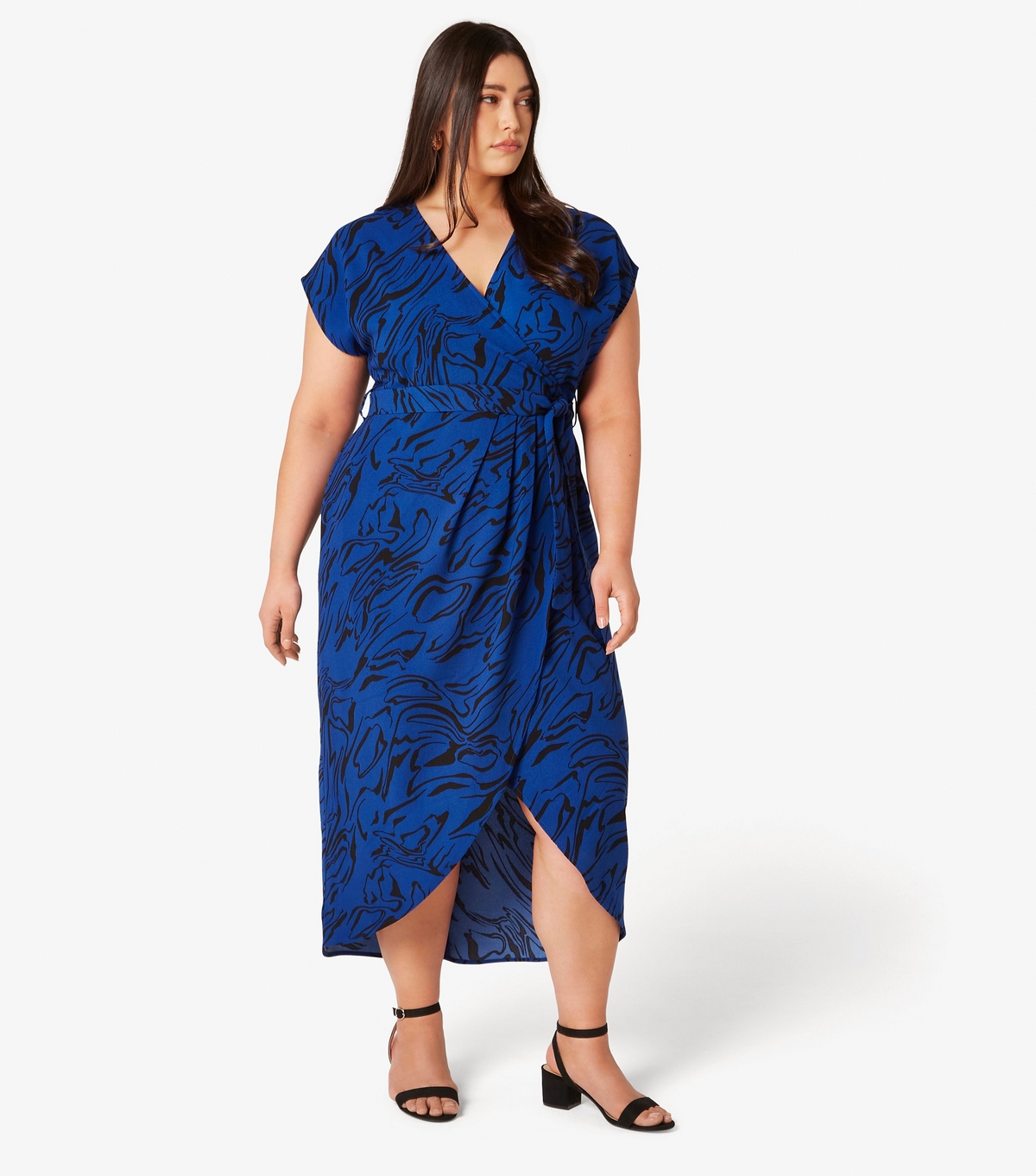 Women's Curve Blue Swirl Print Wrap Midi Dress Apricot New Look