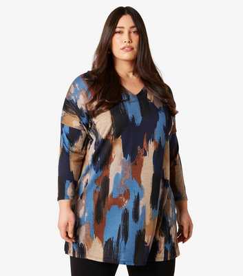 Apricot Curves Blue Abstract Print V Neck Top