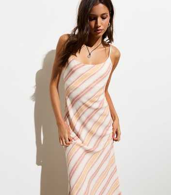 Off White Strappy Stripe Print Bias Midi Slip Dress 