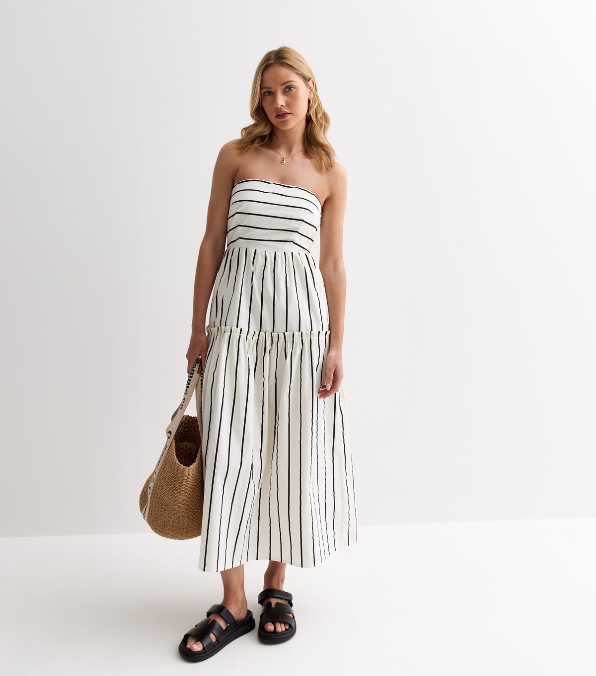 Women's White Stripe Cotton Bandeau Midi Dress Gini London New Look