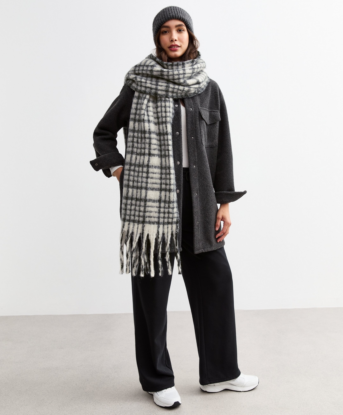 White Checked Scarf New Look