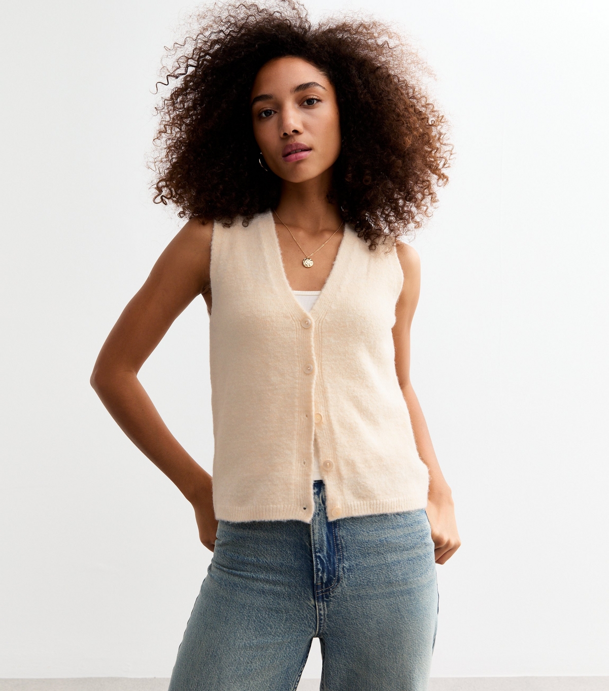 Women's Cream Button Knit Waistcoat New Look