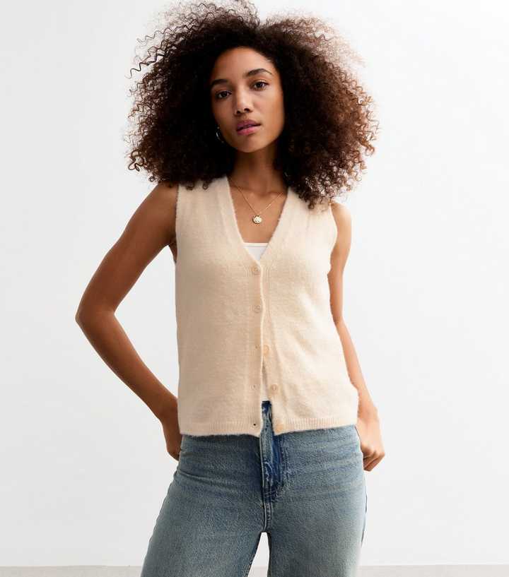 Cream Button Knit Waistcoat New Look