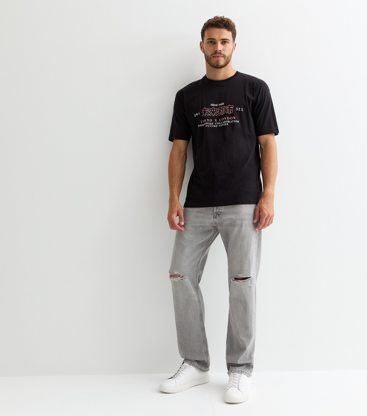 Men's Grey Ripped-Knee Relaxed-Fit Jeans Jack & Jones New Look