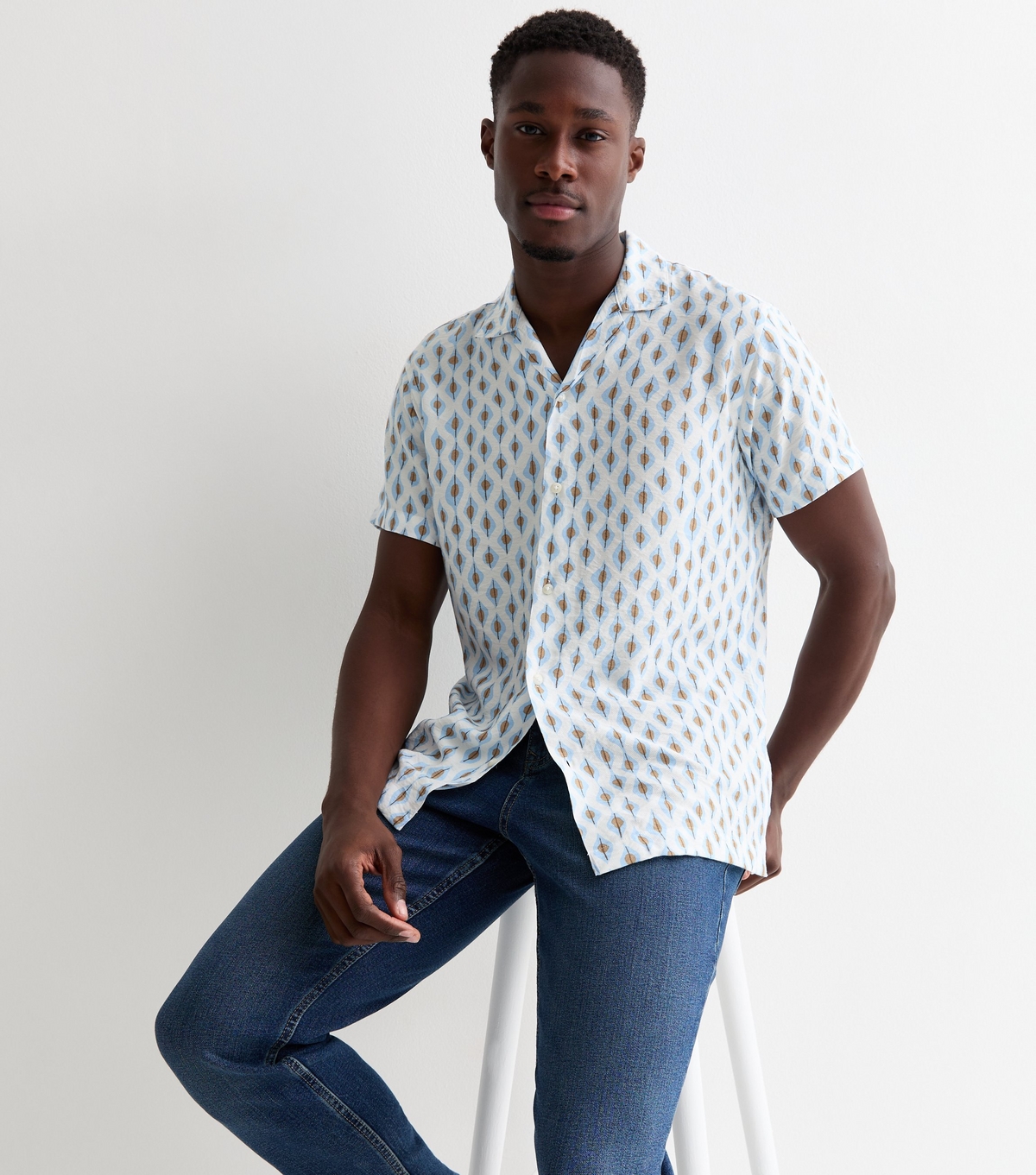 Men's Pale Blue Abstract Print Short Sleeve Resort Shirt Jack & Jones New Look