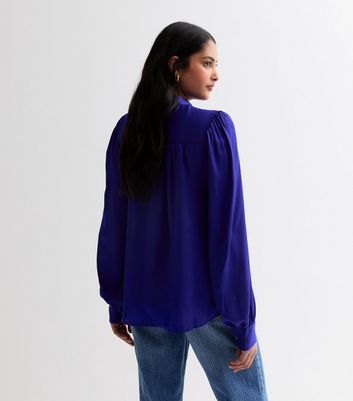 Gini London Bright Blue Tie Neck Top New Look