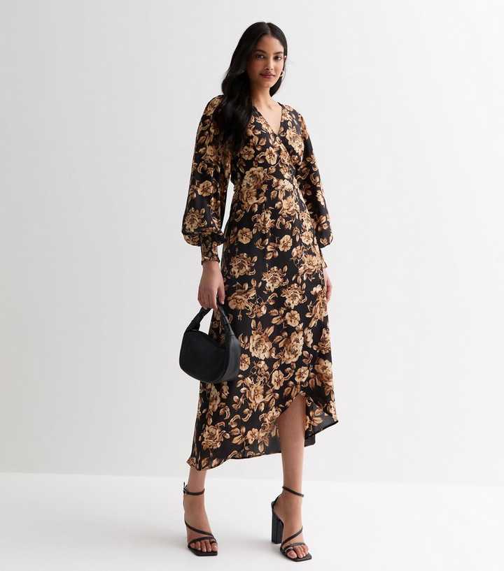 Gini London Black Floral Wrap Midi Dress New Look