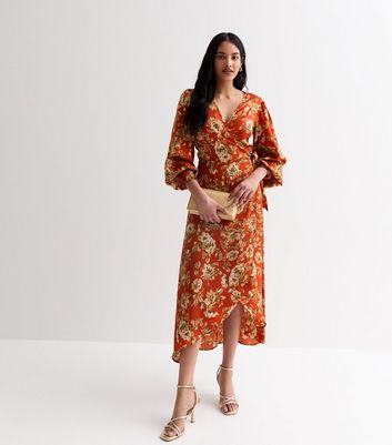 Gini London Red Floral Wrap Midi Dress New Look