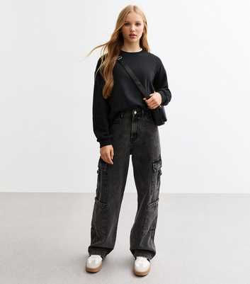 Girls Black Wide Leg Cargo Jeans