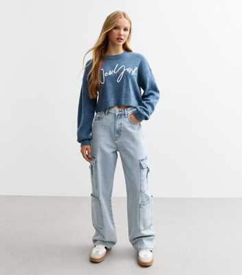 Girls Blue Wide Leg Cargo Jeans