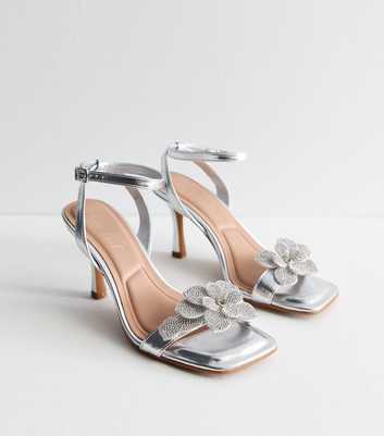 Silver Diamanté-Embellished Corsage Stiletto Sandals