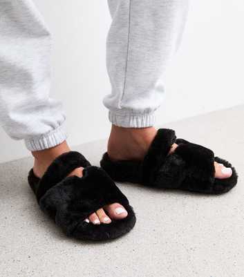 Black Double Strap Faux Fur Slippers