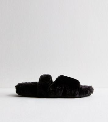 Black Double Strap Faux Fur Slippers New Look Vegan