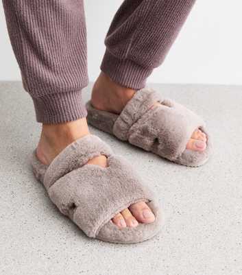 Grey Double Strap Faux Fur Slippers