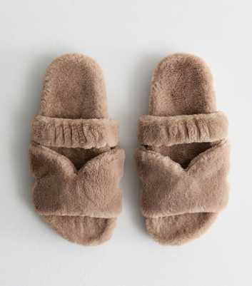 Camel Double Strap Faux Fur Slippers