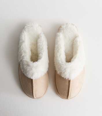 Stone Suedette Faux Fur Trim Slippers