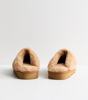 Tan Suedette Faux Fur Trim Slippers New Look Vegan