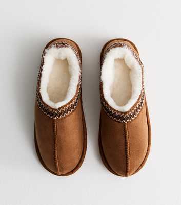 Tan Faux Fur Lined Abstract Print Trim Slipper Boots