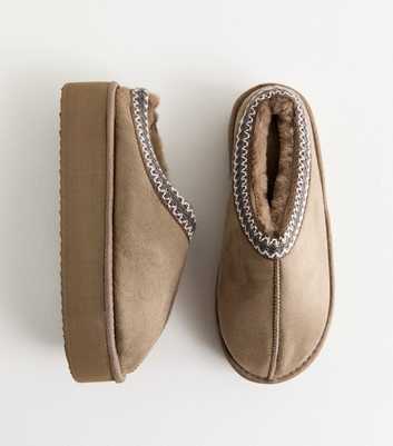 Camel Woven Trim Faux Fur Lined Slippers