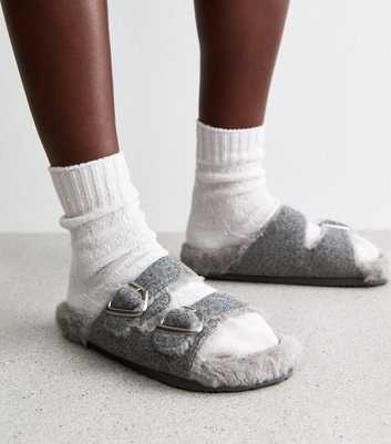 Grey Faux Fur Suedette Double Strap Slippers