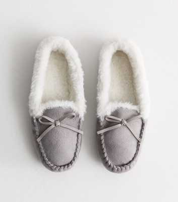 Grey Bow Detail Moccasin Slippers