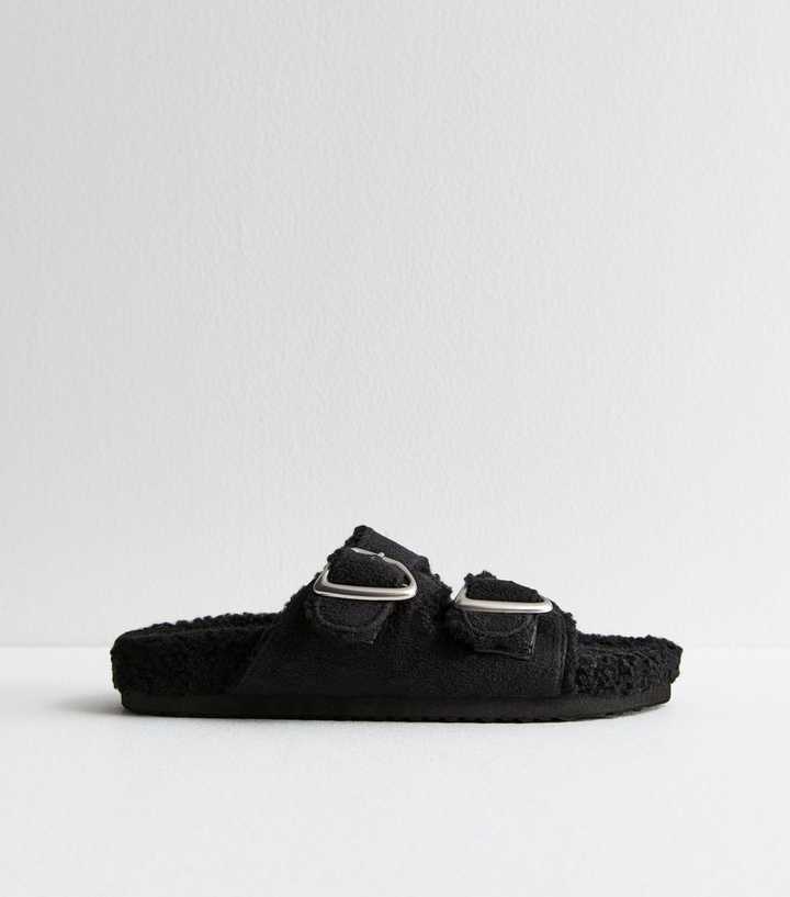 Black Borg Buckled Double Strap Slider Slippers New Look
