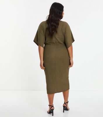 QUIZ Curves Olive Textured Midi Dress New Look