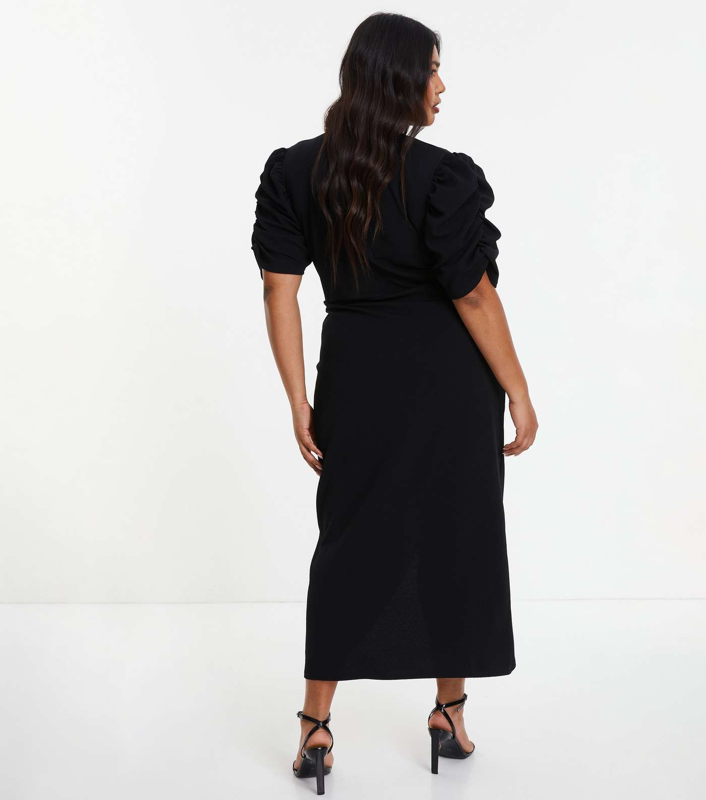 QUIZ Curves Black Ruched Midi Wrap Dress Image 3