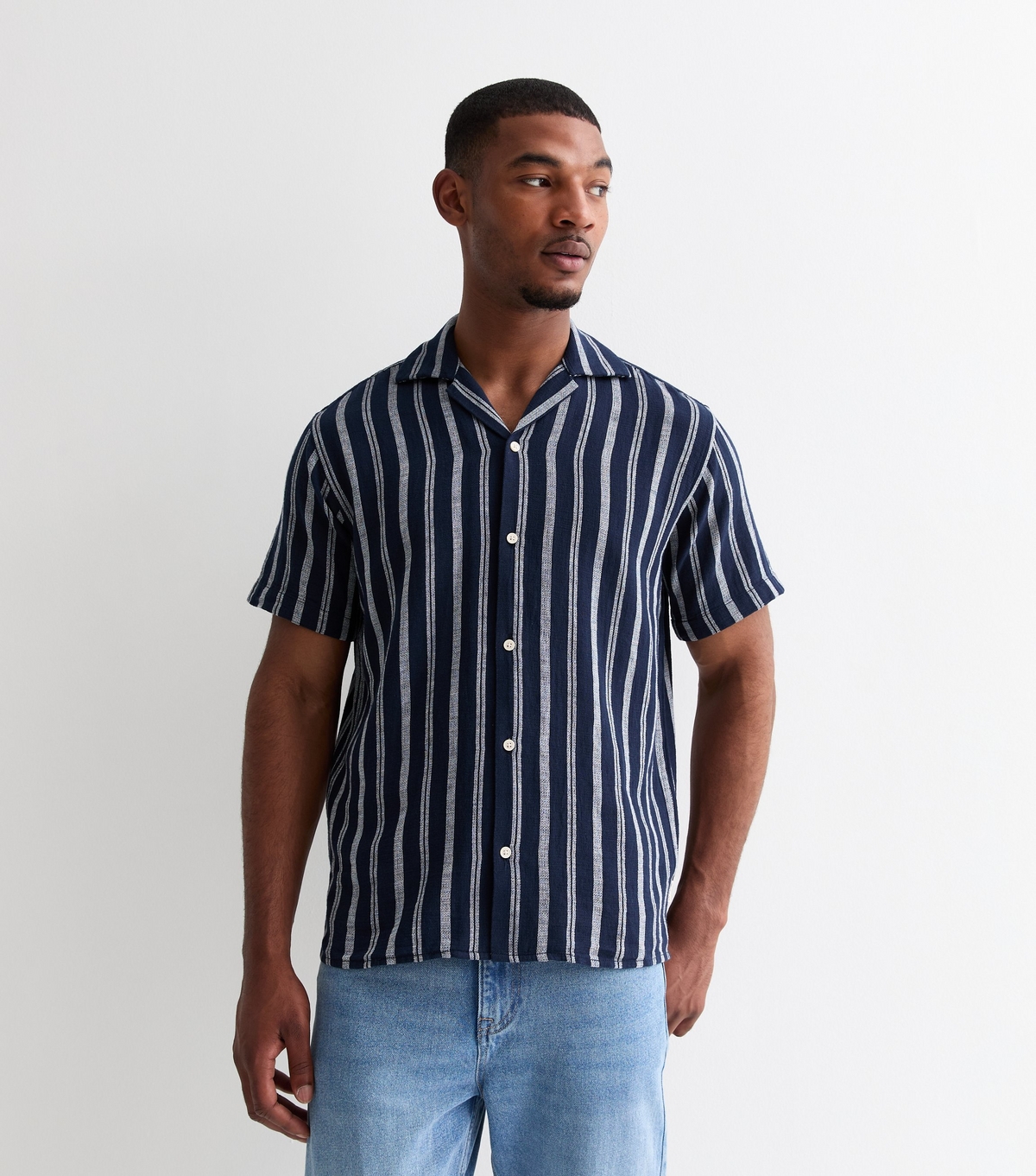 Men's Navy Blue Striped Woven Short Sleeve Shirt Jack & Jones New Look